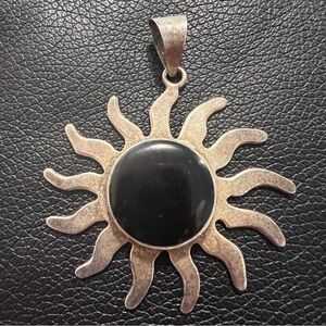 Vintage Taxco Silver and Black Onyx Sunburst Pendant 925 Mexico